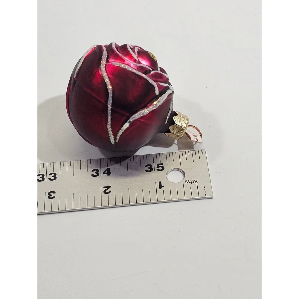 Poland Glass Rose Bud Christmas Ornament Burgundy Red Silver Glitter Floral 2in